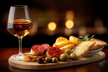 Spanish tapas selection, with chorizo, olives, patatas bravas, and small toasted breads served on wooden boards