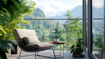 A dynamic shot of a modern balcony with a comfortable lounge chair, a small side table with a coffee cup, and a railing view of a scenic landscape.