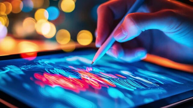 A close-up of fingers delicately tracing lines on a digital tablet, with vibrant colors appearing under the stylus, capturing the blend of art and technology.