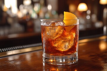 Old Fashioned presented on an oak bar top in a classic American speakeasy