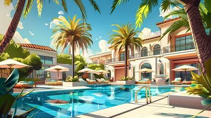 Illustrate A luxurious summer vacation resort 