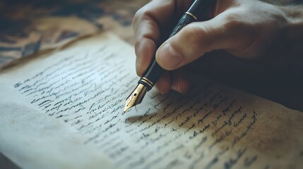 Writer&rsquo;s Hand Holding a Pen on Paper: A writer's hand elegantly holding a pen, with handwritten notes visible on a sheet of paper. 
