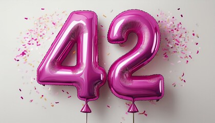 Pink birthday / anniversary balloon, number 42, white background with confetti