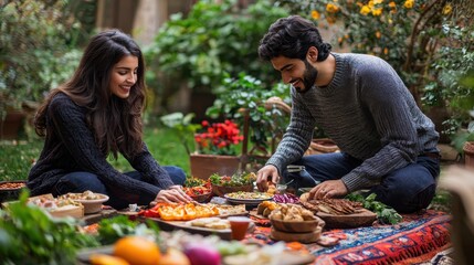 Fototapeta premium A young Middle Eastern couple setting up an outdoor Thanksgiving feast in their garden with colorful blankets, cushions, and a low table filled with autumn foods