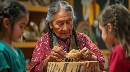 A Native American elder teaching children how to make a traditional Thanksgiving craft with natural materials at a community center filled with cultural artifacts