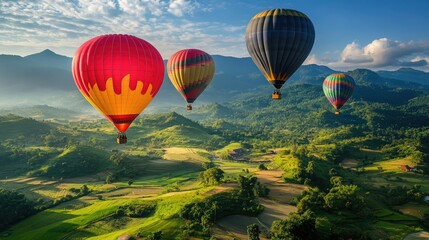 Naklejka premium Brightly colored hot air balloons floating in the sky over a lush green valley, casting shadows on the landscape below.