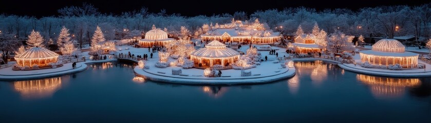 A picturesque winter village with glowing lights and snow-covered pavilions, beautifully reflected on a serene lake at night.