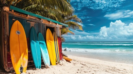 Brightly colored surfboards leaning against a beach shack, ready for a day of fun in the sun and surf.