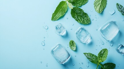 Mint Leaves and Ice Cubes on Pastel Blue Background
