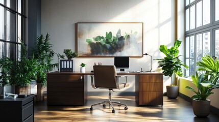 Fototapeta premium A bright office space with a large desk, plants, and inspiring artwork