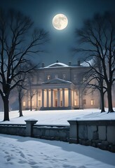 35mm film photography, A snowy winter scene with a neoclassical style building in the background, surrounded by a snow-draped stone wall, bare trees in the foreground, a bright clear sky with the sun 