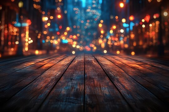empty rustic wooden floor with bokeh night lights background warm brown tones blurred city ambiance perfect backdrop for product display or event staging elegant minimalism meets urban charm
