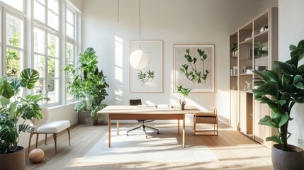 A bright workspace with a large desk, plants, and modern accessories