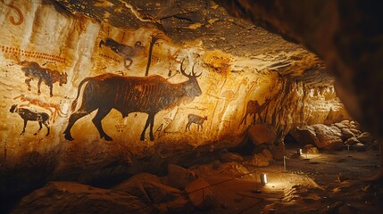 The ancient cave paintings of Lascaux, with detailed depictions of animals and symbols created by prehistoric artists. The scene captures the historical and cultural significance of these ancient 
