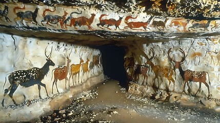 The ancient cave paintings of Lascaux, with detailed depictions of animals and symbols created by prehistoric artists. The scene captures the historical and cultural significance of these ancient 