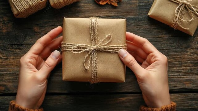 A close-up of hands wrapping a gift with recycled paper and twine, highlighting sustainable choices in everyday actions.