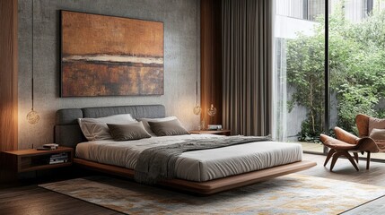 A contemporary bedroom featuring a low-profile bed and artistic wall decor