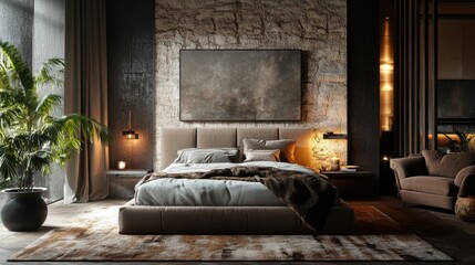 A contemporary bedroom featuring a low-profile bed and artistic wall decor
