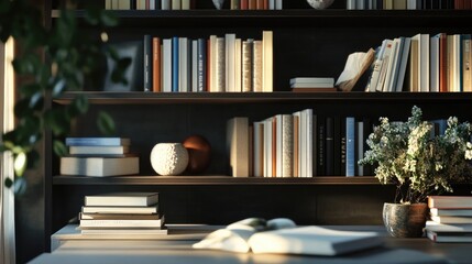 A contemporary bookshelf filled with books and decorative objects in a stylish setting