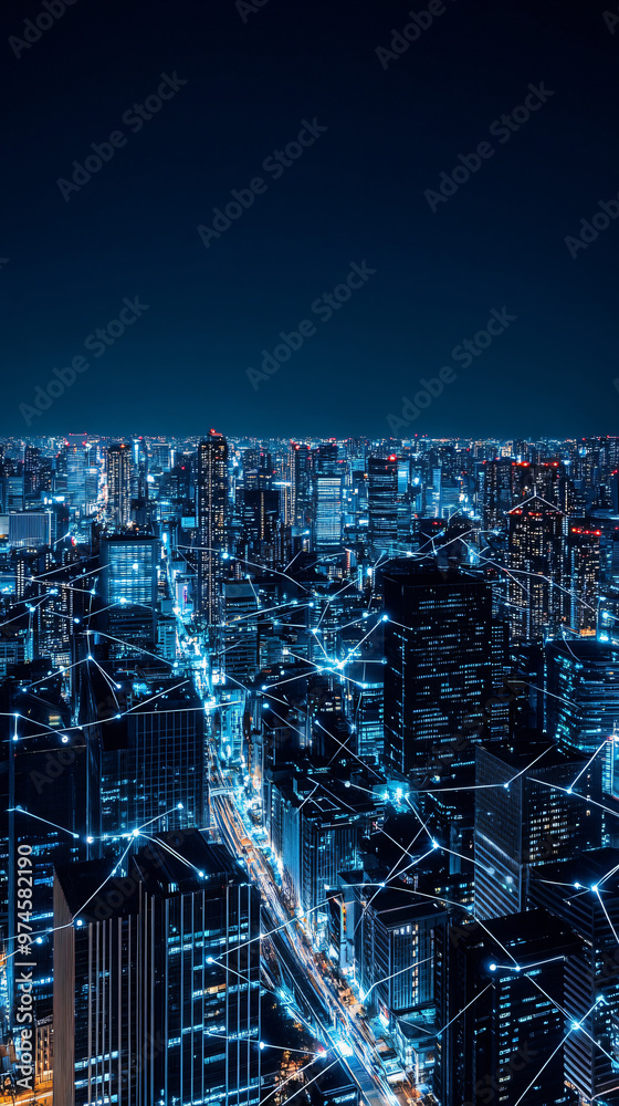Poster aerial view of a modern city at night, with illuminated buildings connected by a network of lines, s
