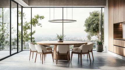 Fototapeta premium A contemporary dining room with a round table made from sustainable wood and matching chairs, featuring a minimalist chandelier and a large window with a view