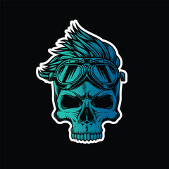 Hipster skull with motorcycle glasses and trendy hairstyle. Original vector illustration in vintage style isolated on black background. T-shirt design.