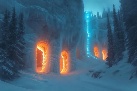 enchanted ice palace perched atop snowy mountain crystalline spires glowing with ethereal blue light magical winter forest surrounds creating fairytale atmosphere