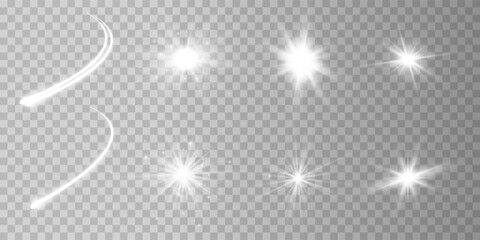 White glowing light explodes on a transparent background. Sparkling magical dust particles. Bright Star. Transparent shining sun, bright flash. Vector sparkles. To center a bright flash.	