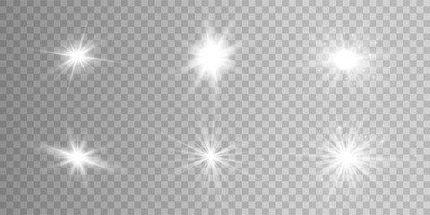 White glowing light explodes on a transparent background. Sparkling magical dust particles. Bright Star. Transparent shining sun, bright flash. Vector sparkles. To center a bright flash.	