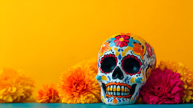 una calavera de azucar sobre una mesa y flores decorativas con un fondo amarillo con espacio para copiar