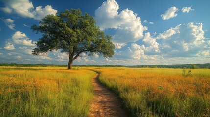 Obraz premium A serene landscape with a path leading through golden fields and trees.