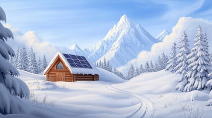 A cabin in the snow with a solar panel on it, AI