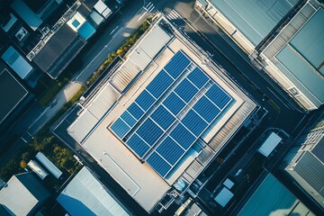 Fototapeta premium Aerial view of a modern warehouse with solar panels on the roof in a green industrial area during daytime