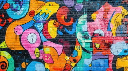 Obraz premium Colorful graffiti art covering an entire brick wall, featuring bold, abstract designs and eye-catching patterns.