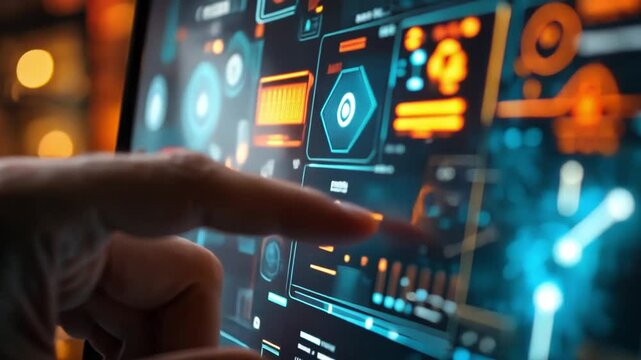 A close-up of fingers interacting with a touchscreen to adjust smart home settings, with AI recommendations displayed on the interface.