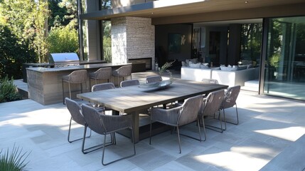 A contemporary outdoor dining set with a large table and modern chairs