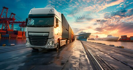 Semi-trailer Truck and Cargo Ship at Sunset in a Busy Shipyard