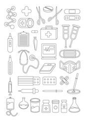 Black and white illustration of medical equipment in a hospital. Illustration with black outline