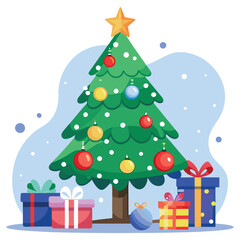 Moody winter scene Christmas tree and gift box illustration. Vector illustration of various holiday gift boxes