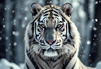  Close-up of a tiger in the snow, highlighting its intense gaze and majestic presence as it moves through its cold, wintry environment