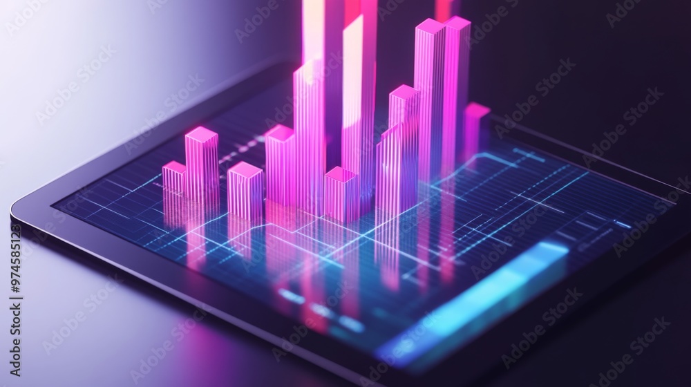 Aufkleber A flat lay of a digital tablet showing a 3D bar graph, with bars popping out of the screen, symbolizing interactive data analysis in a modern business setting.