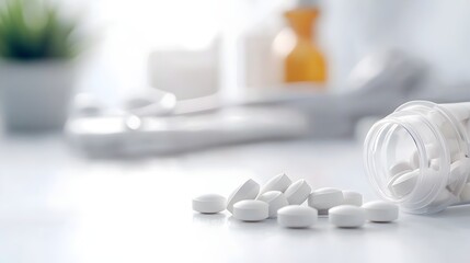 pills spilled from a bottle on a desk