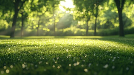 Naklejka premium Green grass lawn with soft sunlight filtering through trees in the background, creating a calm and peaceful atmosphere.