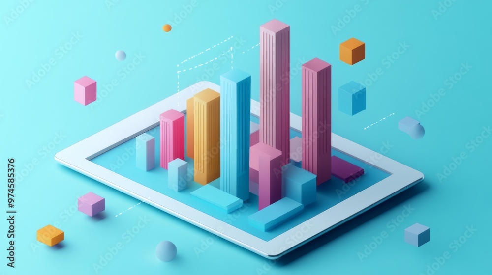 Fototapete A flat lay of a digital tablet showing a 3D bar graph, with bars popping out of the screen, symbolizing interactive data analysis in a modern business setting.