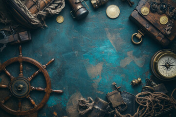 Naklejka premium Old ship steering wheel ,compass, monocle copy space. Travel and marine engraving background.