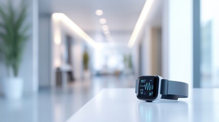 A sleek wearable health device on a clean white surface with blurred background of a hospital room healthcare tech in focus