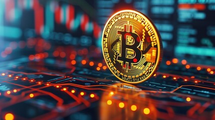 Bitcoin symbol illuminated on a digital circuit board with stock market data in the background