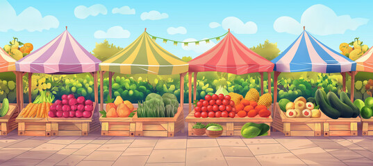 The Organic food market street. Food market stalls with fruits and vegetables, game background, Illustration
