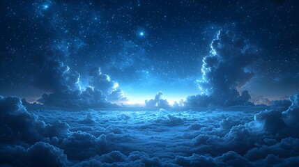 Soft clouds move across a star-filled night sky, with the glowing stars casting a soft light on the landscape. The realistic 3D design highlights the beauty of the fantasy sky