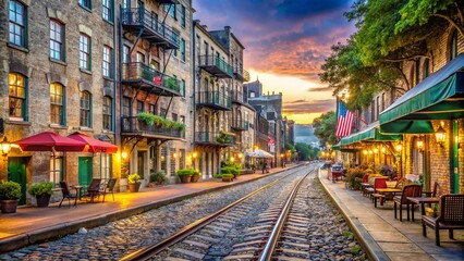 Historic River Street in Savannah, Georgia, with charming cobblestone roads, picturesque eateries, and scenic views of the Savannah River, adorned with vibrant lanterns.